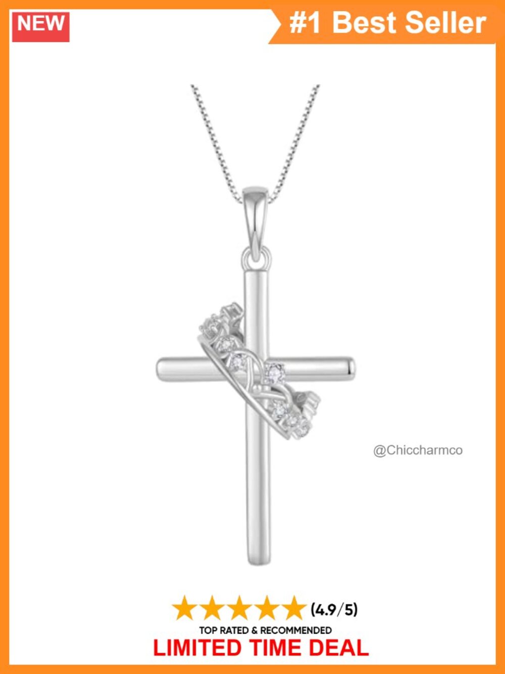 Forever Cross Crown Necklace 925 Sterling Silver 18K Gold Plated Pendant